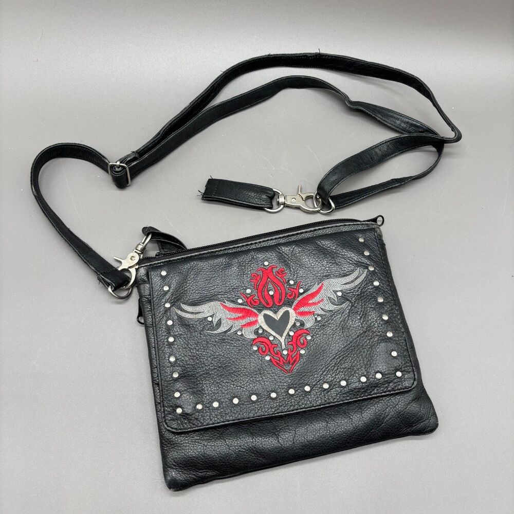 Vintage Black Leather Biker Crossbody Bag Embroidered Heart Studded For Repair